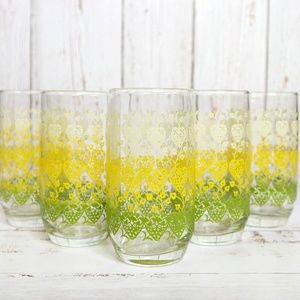 Vintage Anchor Hocking Drinking Glasses Coolers Set Green Yellow Vine Hearts